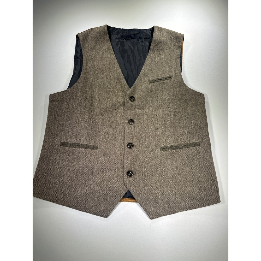 Mens Herringbone Waistcoat Vest Brown Tan Faux Leather Back Cinch Large